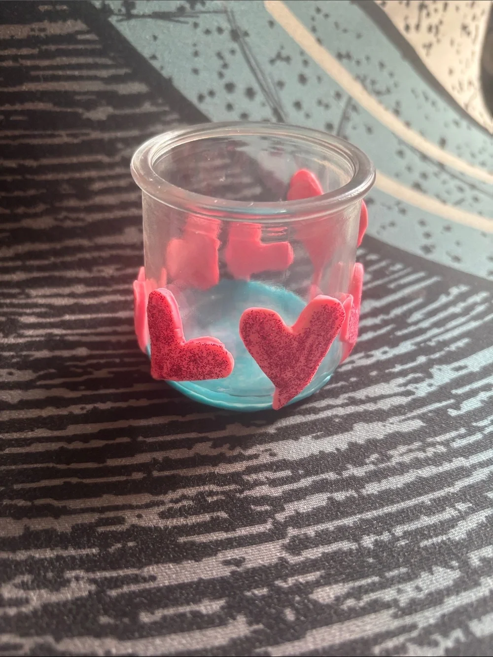 Handcrafted Clay Covered Glass Holder with Pink Heart Accents